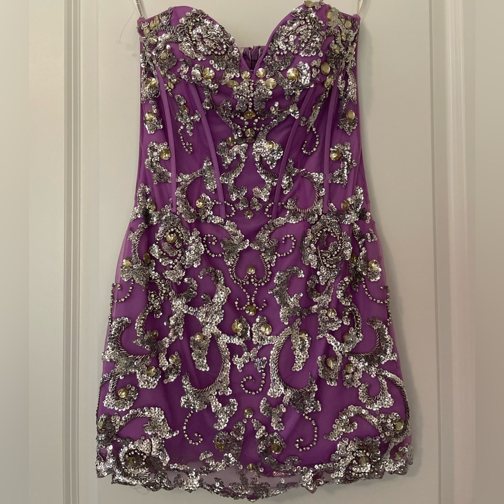 Sherri Hill Purple Strapless Sequin & Bead Cocktail Dress